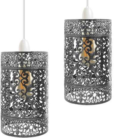 LEDSone Industrial Style Brushed Silver Metal Cage Lampshade – 2 Pack Easy Fit Wire Cage Light Shade for Indoor Pendant Lights for Dining Room, Bedroom, Loft, and Hallway (Brushed Silver - 2 Pack)