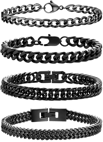 Esmoly Armband Herren Bracelet Silber Armband - 4 Stücke Silber Gold Schwarz Edelstahl Armbänder Kubanische Armband 19cm/21cm/23cm Länge Abschluss Geburtstags Geschenke für Männer (21cm, Schwarz)