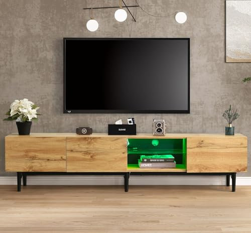 Rtopsu TV-Schrank 175 cm Länge, Fernsehtisch Lowboard mit LED-Licht für Fernseher bis zu 80 Zoll, TV Lowboard Fernsehschrank mit 3 Türen und Stauraum für Wohnzimmer Esszimmer Schlafzimmer, Holz, Natur