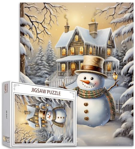 Tucocoo 1000 Teile Puzzles für Erwachsene Winterszene Schneemann Puzzle Cottages im Dorf Weihnachten Kunst Puzzles für anspruchsvolle Familienaktivität Spiel DIY Puzzle Wanddekoration Geschenke