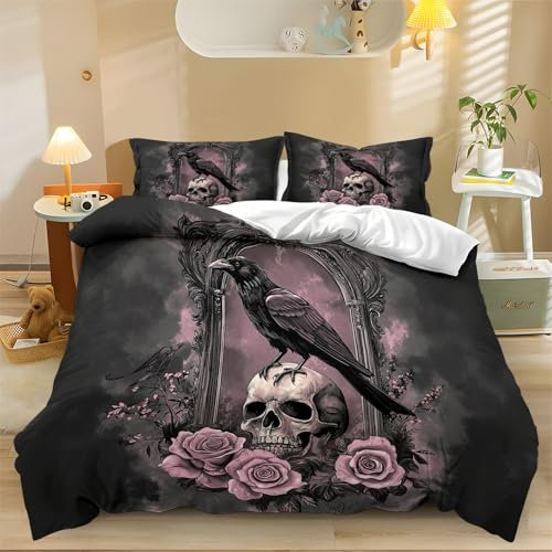 Parure de Lit 200 x 200 cm Tableau Crâne Roses Ensemble de Literie Housse de Couette Violet foncé Couette Microfibre Ensemble Literie Housse Couette Adulte Taie d'oreiller 65x65