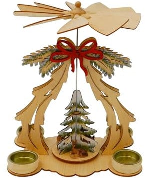 HTI living Tischpyramide mit Tannenbaum und Schleife Holzpyramide Weihnachtspyramide für 4 Teelichter