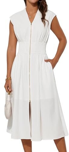 Women's Cap Sleeve Swing Aline Dress Zipper Front Trendy Summer Dress 2025 Ivory White M