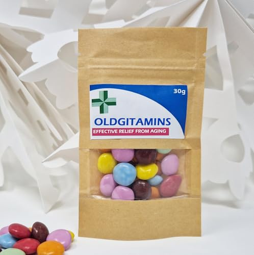Anti-Farting Anti-Moaning Old-Git Pills Gag Gift Novelty Sweet Bag Funny Birthday Surprise Chocolate Treat Bag Joke Chocolate Present - OLDGITAMINS Sticker with Brown Empty Bag