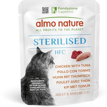 Almo Nature HFC Functional – Sterilised – Nassfutter für ausgewachsene Katzen – Huhn mit Thunfisch – 24 Beutel à 50g