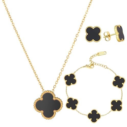 18k Vergoldet VierbläTtriges Kleeblatt Schmuckset VierbläTtriges Kleeblatt Halskette Ohrringe Armband VierbläTtriges GlüCksklee Schmuckset FüR Damen Und MäDchen für Muttertags,Valentinstag,Schwarz