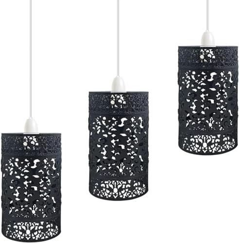 LEDSone 3 Pack of Pendant Light Shade Metal Drum Shaped Lampshade Industrial Easy fit Ceiling Indoor Wire cage Lampshade for Kitchen Living Room Corridor (3 Pack - Black)