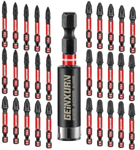 GEINXURN Impact Tough PZ1 PZ2 PZ3 50 mm Magnetic Screwdriver Bit Set, 30 Pieces Pozi Driver Drill Bits S2 Steel with 1Pcs Impact Bit Holder, Bulk