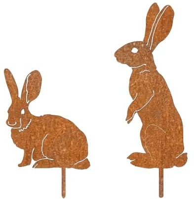 2pcs Osterhasen Gartenstecker Rost Osterhasen Figuren, Gartenstecker, Osterdeko für Draußen, Blumenstecker für Ostern Deko Rostdeko Gartendeko Osterdekoration, Gartendeko Rost (2 Kaninchen 2)