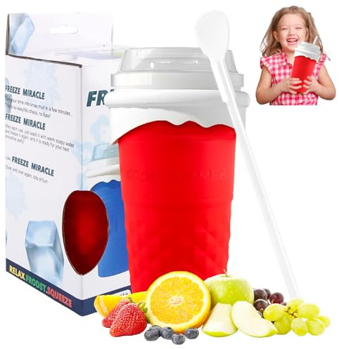 Shyllin Slushy Maker Cup 500 Ml, Maquina de Granizados de Silicona, Slushy Maker Taza (con Pajita y Cuchara 2 En 1), Ideal para Batidos Caseros, Bebidas Heladas y Helados (Rojo)