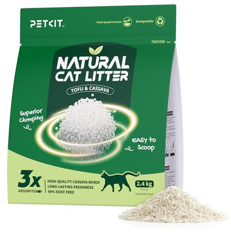PETKIT Natural Cat Litter, Fast Clumping Litter for Cats, 2.4KG/Pack, Cassava & Tofu Mixed, Unscented Dust-free & Low Tracking, Odour Control, Flushable, Direct to Toliet, 100% Biodegradable