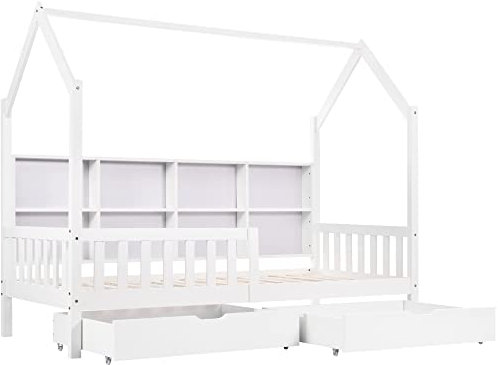 SOFTWEARY Kinderbett mit Schubladen, Lattenrost und Regal, 90x200 cm, Hausbett inkl. Rausfallschutz, Holzbett, Einzelbett