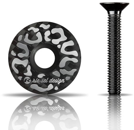 Riesel Design ® - stem:Cap – Carbon - Ahead Kappe inkl. Aluschraube für Rennrad, Gravel, Cyclocross, MTB/Vorbau- & Steuersatz Kappe für alle Gabelschäfte, Vorbauten mit 1 1/8‘‘ (Leo silberoptik)