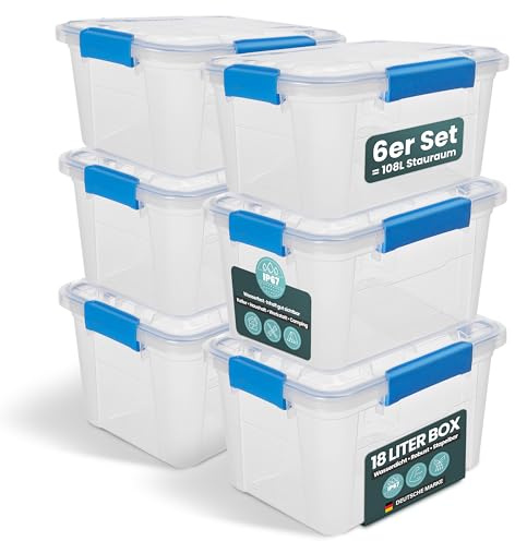 Kreher Aufbewahrungsbox mit Deckel, wasserdicht (18 Liter, Nr. 6) | Staub- & luftdicht dank Silikondichtung und Clips, transparent und stapelbar, BPA- & schadstofffrei, robuste Kunststoffbox