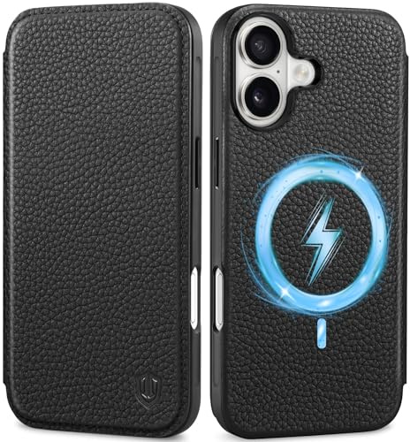 SHIELDON Hülle für iPhone 17 6,3 2025, Slim Schutzhülle [Litschi Echtleder] [Kabelloses Laden] [3 Kartenfach] [RFID Blocker] [Handy-Ösen] TPU Case Handyhülle - Schwarz