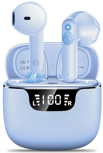 kauguo Bluetooth-Kopfhörer, kabellos, Bluetooth 5.4, mit 4 ENC, Geräuschunterdrückung, HiFi-Stereo, Bass, 42 Stunden, LED-Display, kabellos, IP6, wasserdicht, für iOS Android, Hellviolett