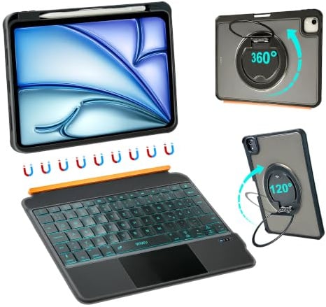 WIWU iPad Keyboard Case Air 11 Inch M4/M3/M2 A16 10th Gen 360°Stand Magnetic Detachable Case with Keyboard Backlit Trackpad with Pencil Holder Black (For iPad 11/10/Air 5/4/11(M2/M3) Pro 114/3/2/1)