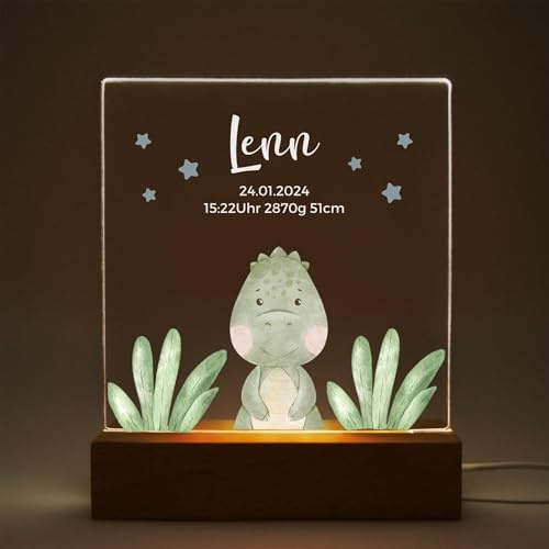 Mainely Nachtlicht Kinder personalisiert Linos Dino im Gras – LED Nachtlicht Baby & Stilllicht – Schlummerlicht für Kinderzimmer – Lampe mit Namen – Personalisiertes Geschenk zur Geburt für Jungen