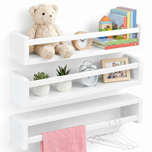 CAAGGMM Wand Bücherregal, 3 Stück 42 x 10 x 9,1 cm Holzregal, Wandregal Bücherregal, Schweberegal für Zimmer, Bilderregale für die Wand, für den Einsatz im Wohnzimmer, Schlafzimmer, Weiß
