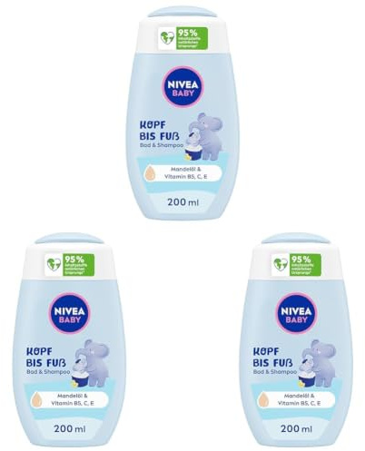 NIVEA BABY Kopf bis Fuß Bad & Shampoo, sanftes veganes Baby Shampoo für Haut und Haare mit Mandelöl, entspannendes Duschgel mit hypoallergener Formel ohne Parabene und Mikroplastik (200 ml)
