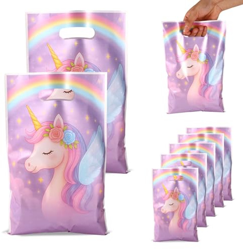 50 Sacchetti per Bomboniere a Forma di Unicorno con Manici, Sacchetti Regalo in Plastica a Tema Arcobaleno con Unicorno Feste di Compleanno per Bambini