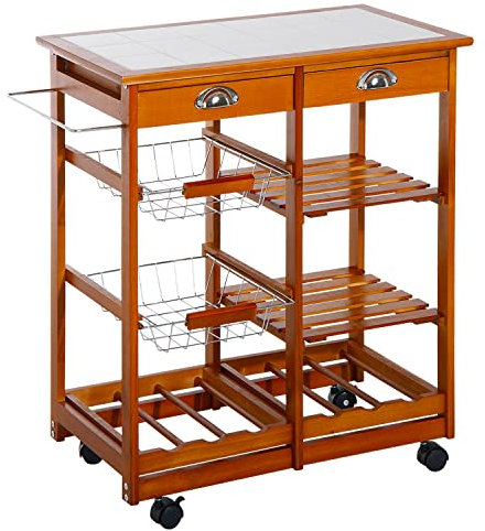 HOMCOM Carrito para Cocina Multifuncional Carrito Auxiliar de Madera con Gran Espacio de Almacenaje Cajones Cestas Estantes 4 Ruedas Freno