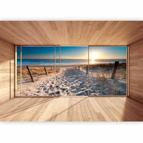 Papier peint panoramique paysage 350x256 cm - Revêtement décoration - Illusion de bois mer paysage moderne plage espace texture fond vue depuis la fenêtre lever du soleil c-C-0067-a-b