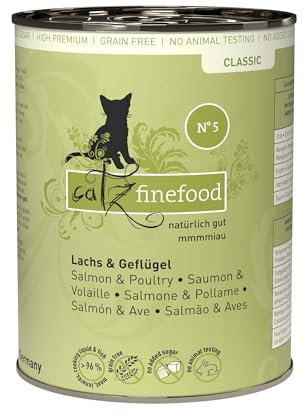 catz finefood N° 5 Lachs & Geflügel Feinkost Katzenfutter nass, verfeinert mit Spinat & Tomate, 6 x 400g Dosen