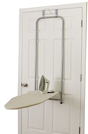 Household Essentials 144222 Over The Door Small Ironing Board with Iron Holder, Natural Cotton Cover Silver