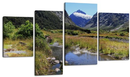 Leinwandbild Fjordlandschaft LW158 Wandbild, Bild auf Leinwand, 4 Teile, 180x115cm, Kunstdruck Canvas, XXL Bilder, Keilrahmenbild, fertig aufgespannt, Bild, Holzrahmen, Fjord, Eiszeit, Neuseeland