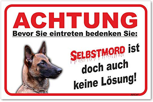 AdriLeo Schild - Vorsicht Malinois - Selbstmord - (20x30cm) / Achtung Hund Wachhund robust langlebig UV-beständig wetterfestes Warnschild