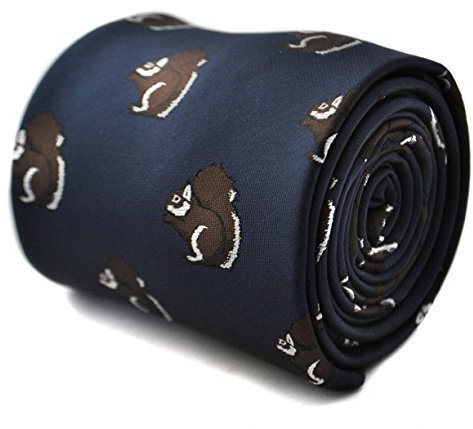 Frederick Thomas navy tie with squirrel design with signature floral design to the rear