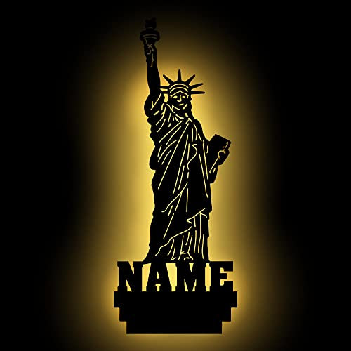 Nachtlicht Deko Lampe Design USA Freiheitsstatue Figur mit Name nach Wunsch, Geschenk für USA Fans, als Deko Bild Lampe Wandtattoo