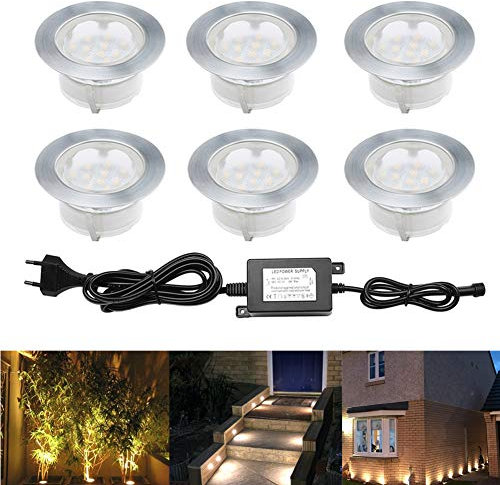 Treppen Bodeneinbaustrahler 6er Set, IP67 Wasserdicht Warmes Weiß Terrassen Einbaustrahler Ø60mm Aussen LED Bodeneinbauleuchten, DC 12V 1.5W LED Einbaustrahler für Küche Garten Treppen Balkon Terrasse