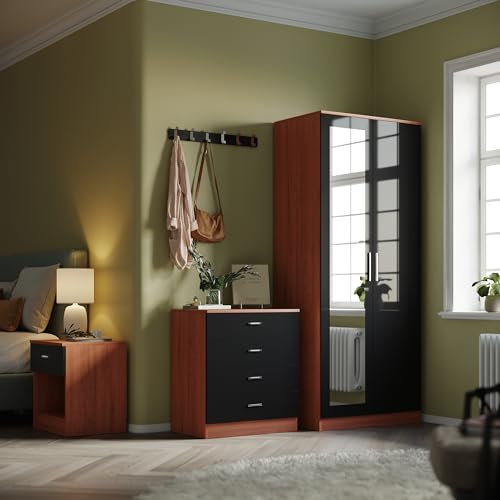 ELEGANT Modern High Gloss Wardrobe and Cabinet Furniture Set Bedroom 2 Doors Wardrobe with Mirror and 4 Drawer Chest and Bedside Cabinet, Black/Walnut