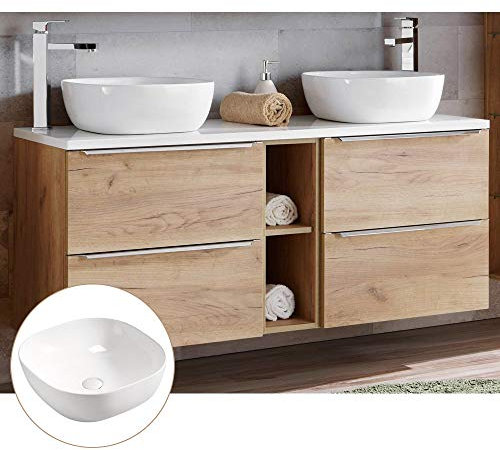 Lomadox Badmöbel Doppel-Waschtisch Set, Unterschrank Wotaneiche Hochglanz weiß, 2 Keramik-Waschbecken, 4 Softclose-Schubkästen, Regal, B/H/T 141/74,5/46 cm