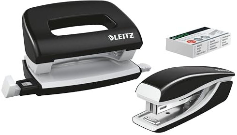 Leitz Set con Mini Cucitrice e Perforatore, Capacità fino a 10 Fogli, Include Punti P2 Numero 10, Gamma WOW, 55612095, Nero