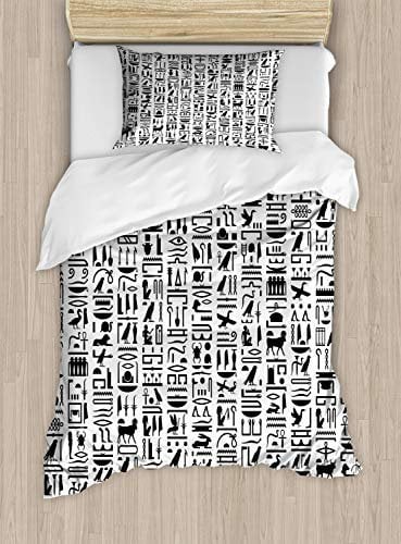 ABAKUHAUS ägyptisch Bettbezugs Set für Einzelbetten, Monochrome Hieroglyphs, Milbensicher Allergiker geeignet mit Kissenbezug, 130 x 200 cm, Weiß Schwarz