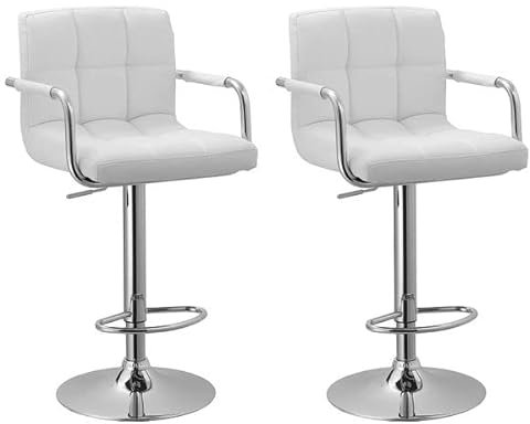 Happy Garden 2er Set weißen Barhockern mit Armlehnen Mike. Moderner Küchenhocker mit höhenverstellbarer, um 360° drehbarer Sitzfläche und Fußstütze. Weiße Rücken- und Armlehnen.