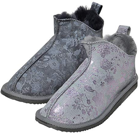 Hollert Damen Lammfell Hausschuhe Angel Fellschuhe Halbschuhe echtes Merino Schaffell weich bequem kuschelig Echtleder Schuhgröße 42, Farbe Grau