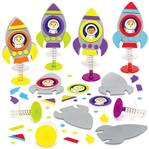 Baker Ross AX181 Weltraumraketen-Springspielzeuge, 8 Stück, kleines Knallspielzeug mit lustigen Raumfahrer-Figuren zum Basteln, Schaumstoff-Aufkleber, Kunstspielzeug