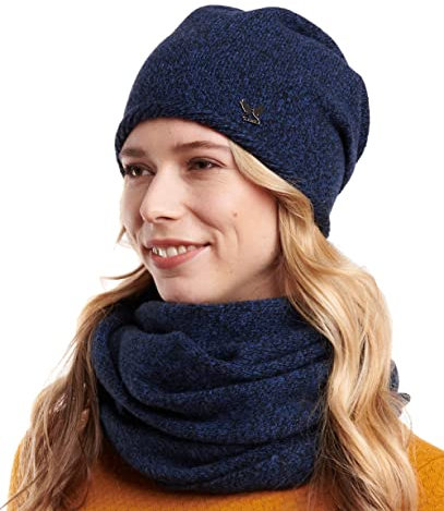 Kamea Winterset für Damen Anna 2-Teilig bestehend aus Loop-Schal und Wintermütze, Beanie, Damenschal als, hergestellt in EU, Winter Set:Dunkelblau