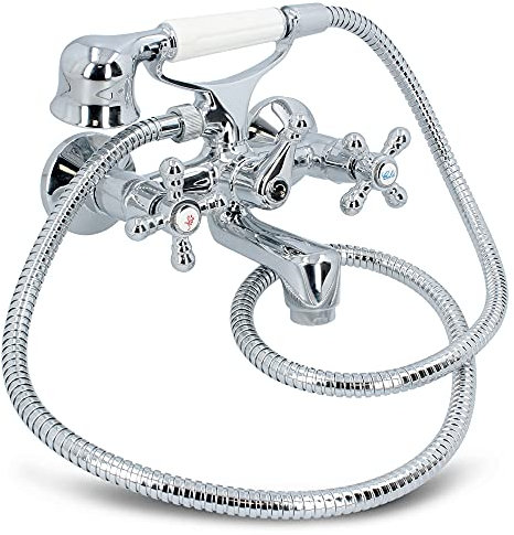 Nostalgie Retro Badewannenarmatur + Handbrause Duschkopf Mit Schlauch Zwei Griffe Mischbatterie Badewanne Wasserhahn Bad Messing Verchromt | Vintage Kreuzgriff Armatur Hot & Cold Wandmontage