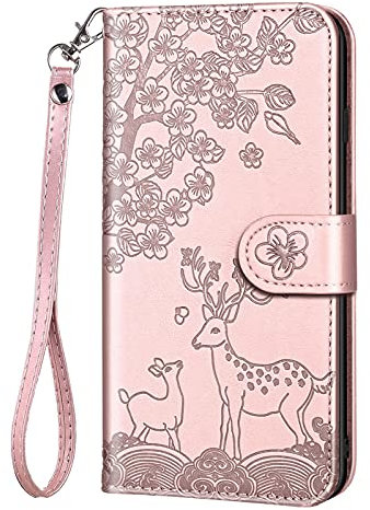 Aisenth Handyhülle für Huawei P30 lite, Blumen Hirsche Muster PU Leder Handytasche Kitz Rotwild Brieftasche Magnetisch Klapphülle Etui Schutz hülle mit Kartenfächer, Aufstellfunktion -Rosa