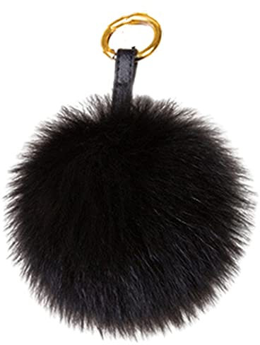 Damen Fuchspelz Pom Pom Ball Echtfell Fell Pelz Bommel Schlüsselanhänger Taschenanhänger Schlüssel- Taschen- Fellanhänger Pelz-Anhänger für Handtaschen, Rückspiegel im Auto (Schwarz)