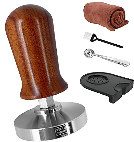 NEOUZA Calibrated Espresso 58mm Coffee Tamper Professional Press Hammer - Compatible with E61 Gemilai Nuova WPM Gaggia La Marzocco 304 Stainless Steel Flat Base Spring Loaded Premium Wooden Handle
