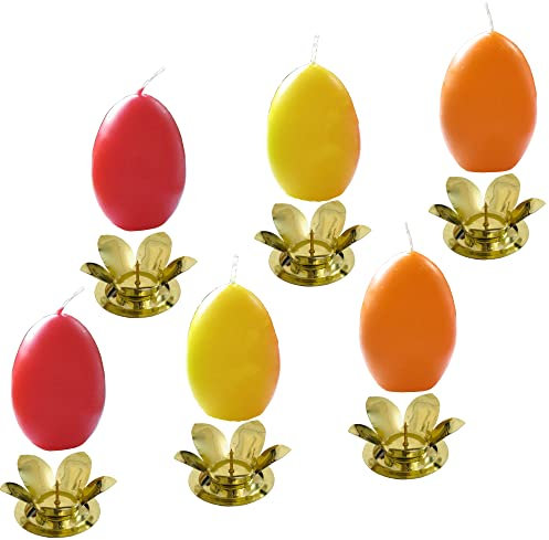 AUSWAHL Farbe + Menge - Eikerzen Dekoeier Kerze Osterei Eierkerzen farbig sortiert 4,5 x 6,5 cm inkl. Kerzenständer aus Metall - hier: 6 Stück [rot, gelb, orange]