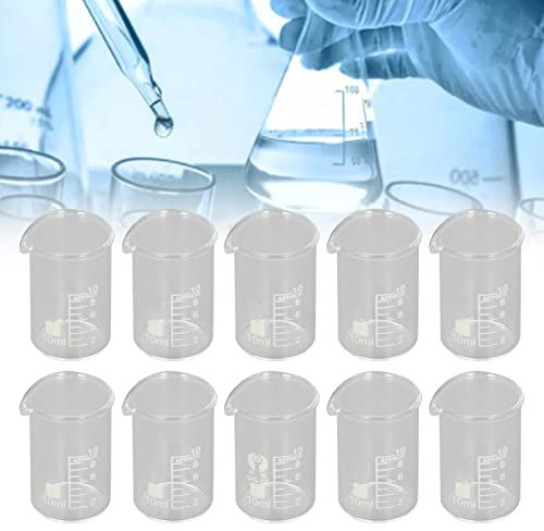 Fyearfly Laborbecher Glas, 10 Stück 10 ml Glas Messbecher Set, Borosilikat Chemie Glas Set mit Standard Skalenlinie für Labor Experimente