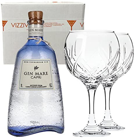 Gin Mare Capri - Mediterranean Gin Limited Edition 42,7% Vol. 1000 ml - Due Bicchieri In Vetro Borgonovo 620 ml