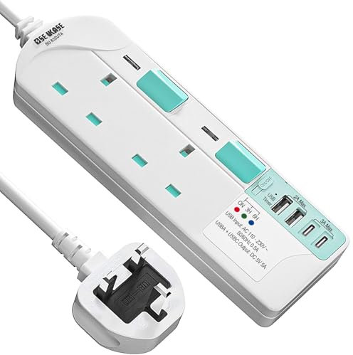 SE UKASE Extension Lead with USB Slots(5V/5A),USB Timer, 2 Way Plug Sockets with Individual Switches USB and Type C, Wall Mount Design with 2M Extension Cable 2990W